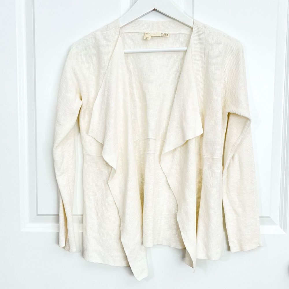 Eileen Fisher Linen White and Cream Open Front Cardigan